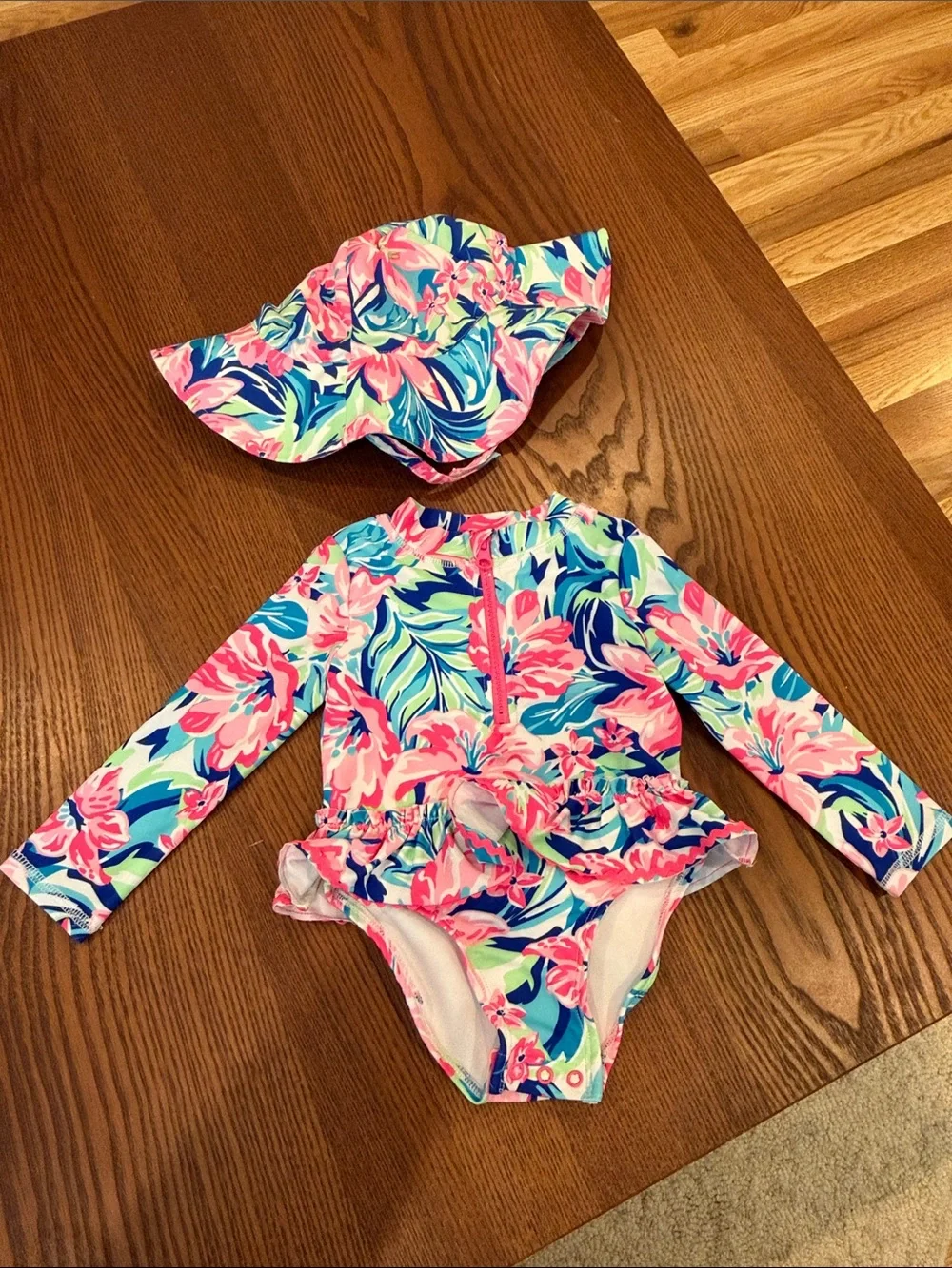 Tommy Bahama Girls Floral Long-Sleeve Rashguard Set in Pink, Blue & Green